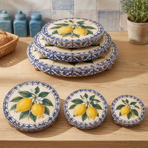 Juego de Salvamanteles de Cerámica Pintados a Mano con Diseño Tradicional de Limón, 25x25x8 cm, Apilables, Majólica, Venta al por Mayor, India - Product Image 3