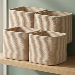 Lot de 4 paniers de rangement carrés modernes pliables en corde de coton tressée de 13x13x13 pouces pour placard, chambre d'enfant et organisation de jouets - Product Image 4