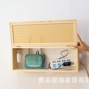 Caja de almacenamiento para router de estilo japonés, de ratán y madera maciza, caja de almacenamiento para módem WiFi montada en la pared, ocultador de cables de alimentación y enchufes. - Product Image 1