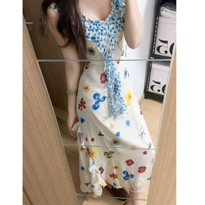 French Style Printed Dress Spaghetti Strap Floral Print Long Dress For Holiday Celebration Casual Wear - Product Image 2