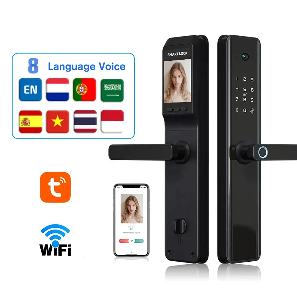 8 Language Voice Luxury Keyless Tuya Wifi Slim Apartment Smart Door Lock With Fingerprint Camera