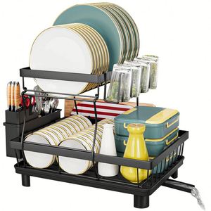 Escurridor de Platos Multifuncional de 2 Niveles de Acero Inoxidable, Escurridor de Platos de Gran Capacidad con Soporte para Vasos - Product Image 2