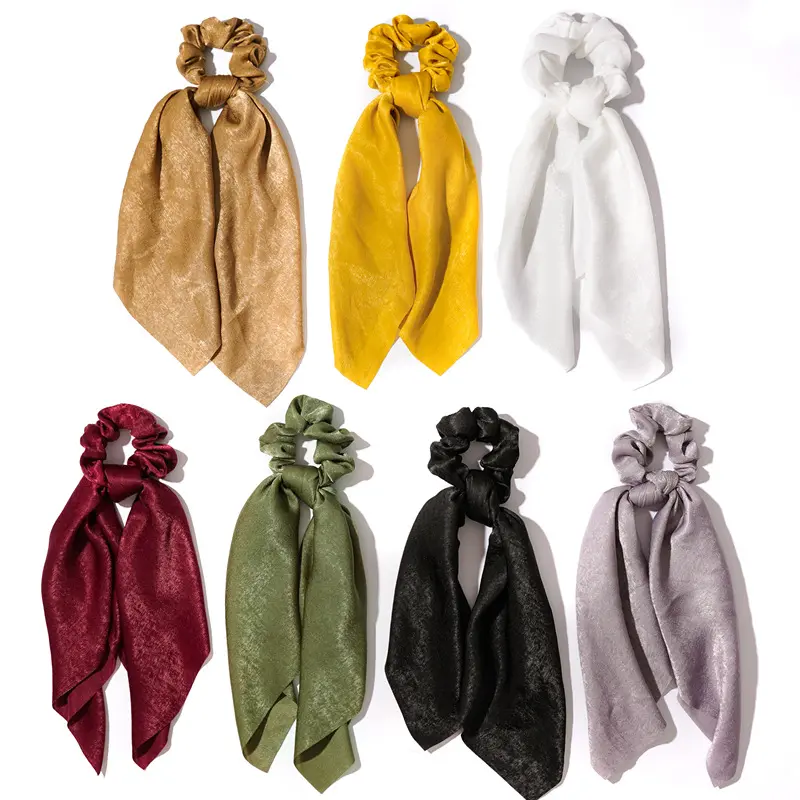 European And American Style New Satin Elastic Hair Tie Pure Color Long Scarf Scrunchies