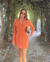 Robe mini plissée en velours chic pour femme, style vintage, à manches longues et boutonnée, Vestidos Mujer
