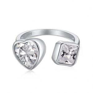 Dylam Elegant Design Lady Women Jewelry Rhodium Plated S925 <b>Silver</b> Two Stone Heart Square 5A Zirconia <b>Adjustable</b> Wedding <b>Ring</b> - Product Image 1