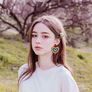 Tissé mode à la mode coeur arc-en-ciel Patchwork boucles d'oreilles perles de riz pendentif coeur arc-en-ciel Patchwork Design coeur bijoux - Product Image 5