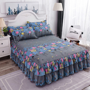 Lace Bed Sheet Skirt Set Floral Printed Bed Cover <b>Single</b>/Queen/King Size <b>Bedspread</b> + 2 Pcs of Pillowcase Bedsheets - Product Image 4