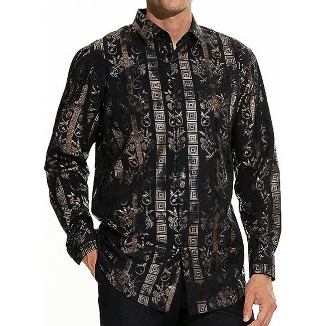 पुरुष पुष्प/गोल्डन शेर/पैस्ली/फैशन लक्जरी मुद्रित पोशाक शर्ट लंबी आस्तीन बटन-नीचे प्रमुख शर्ट