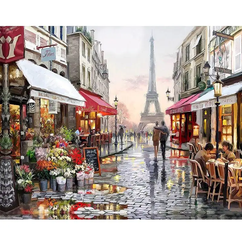 CHENISTORY 99009 Paris Jalan DIY Lukisan dengan Angka Lukisan Tangan Kanvas Dinding Dekoratif Seni Foto Kustom