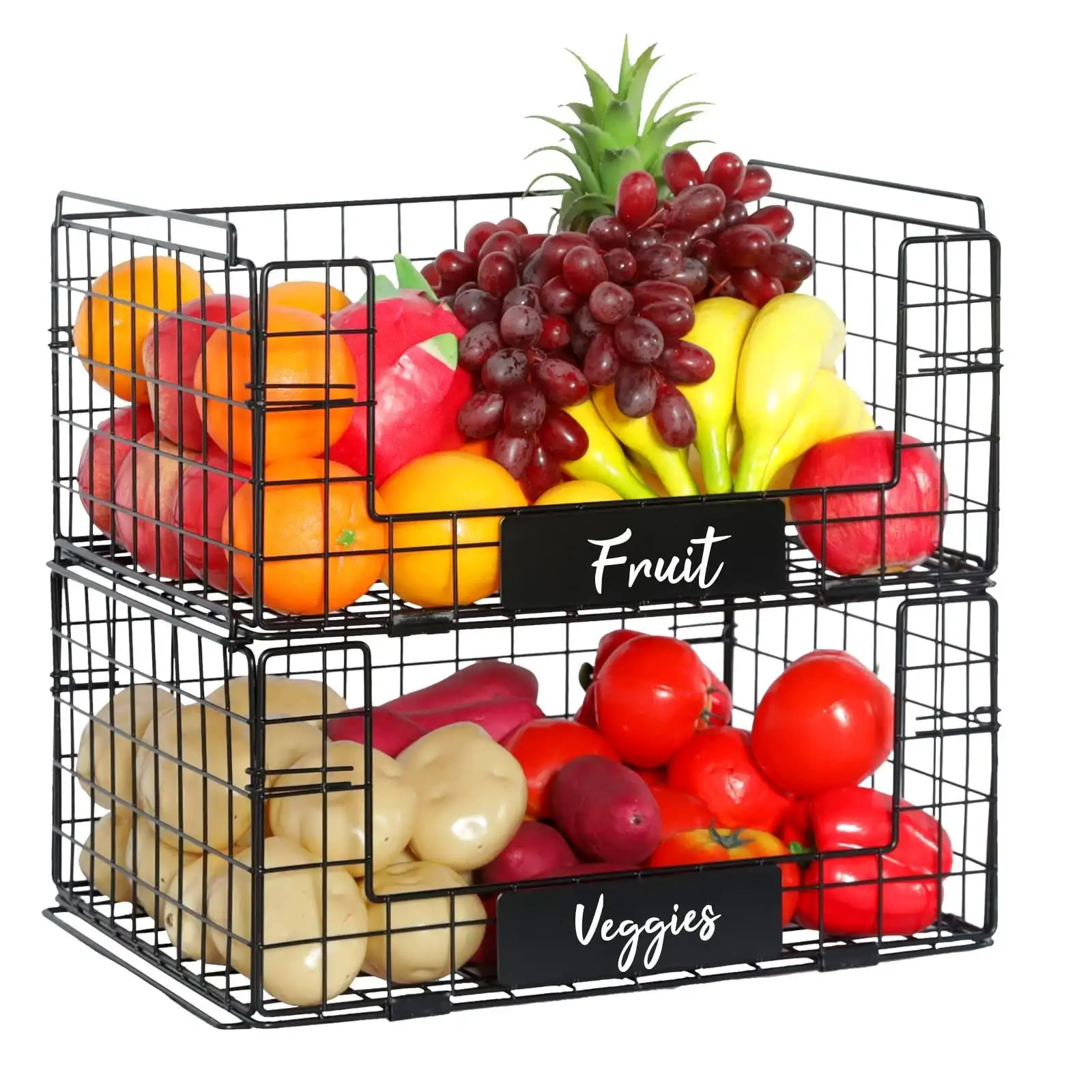 2 पैक स्टैकबल के साथ फलों और सब्जियों की टोकरी के साथ भंडारण के लिए नाम प्लेट धातु भंडारण बिन फल सकते हैं