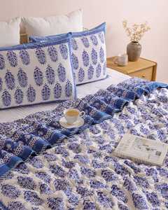 French Blue Cotton <b>Quilt</b> Hand Block Print Reversible Bedspread Soft All Season King Queen <b>Bedding</b> - Product Image 6