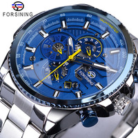 Montre Automatique Forsining pour Hommes, Montre Sportive Mécanique avec 3 Cadrans Secondaires, Calendrier, Bracelet en Acier Inoxydable, Chronographe, Reloj