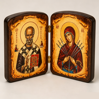 Icône orthodoxe en bois, diptyque, Saint Nicolas le Miracleur et Notre-Dame des Douleurs, icône religieuse de prière pour table
