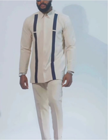 Ensemble décontracté 2 pièces pour homme : chemise tricotée beige à col rabattu et pantalon, tailles X, XX, XXX, respirant, polyester et coton