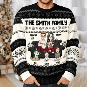 Maglione Natalizio Personalizzato Unisex in Misto Poliestere ad Asciugatura Rapida con Stampa di Coppia Cartoon con Bambini e Animali Domestici - Product Image 2
