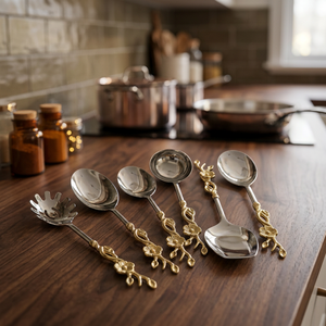 Ensemble de cuillères de service de luxe en acier inoxydable avec manches décoratifs en forme de vigne florale dorée, ustensiles de table décoratifs pour la restauration et les cadeaux - Product Image 2