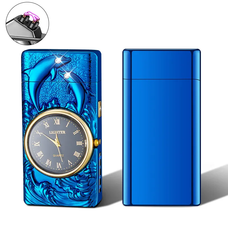 Multifunctional luxury digital power display double arc pulse electronic lighter clock Quartz watch men's gift cigarette lighter
