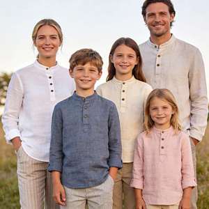 Chemises Henley en lin de haute qualité, légères et respirantes, assorties pour toute la famille, pour un usage quotidien décontracté et les week-ends, chemises boutonnées pour garçons, OEM ODM - Product Image 3