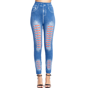 <span class=keywords><strong>Taille</strong></span> <span class=keywords><strong>haute</strong></span> Imiter Denim Hip Lift Leggings Stretch Slim Imprimé Jeggings - Product Image 5