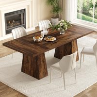 Table à manger rectangulaire en noyer de 63 pouces avec deux pieds géométriques en bois massif, imperméable et résistante aux rayures pour la maison.