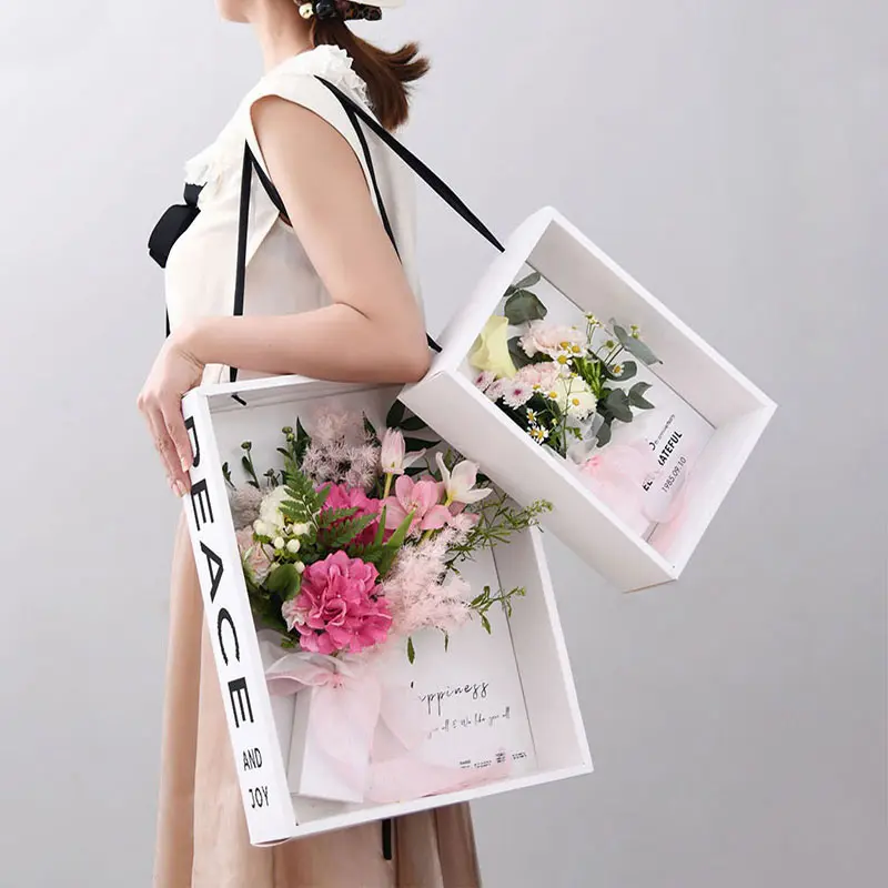 Atacado dia dos namorados papel tote bag design flor buquê caixa de presente luxo Folding cadeia bolsa flor presente embalagem caixa