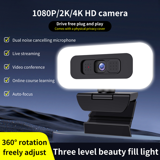 USB Webcam 3 Level Ring Light  Auto Focus Dual Mic Privacy Cover  360° Degree Swivel Web Cam for Streaming Home Office Meetings
