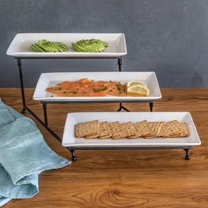 Soporte Rectangular de cerámica de 3 niveles para servir, plato blanco dorado, estante plegable más resistente, plato de porcelana, vajilla elegante - Product Image 4