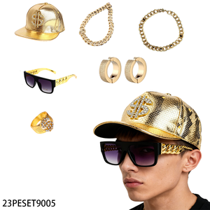Traje de disfraces PESENAR 60s para hombres y mujeres incluye cadena de metal, gafas de sol, collar de cadena de <span class=keywords><strong>rapero</strong></span>, pulsera, gorra dorada - Product Image 1