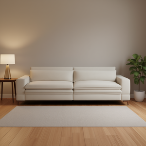 Mid Modern Upholstered Beige <b>Sofa</b> Three Seat Fabric Living Room Furniture Wood <b>Legs</b> Cushion Back Square Design - Product Image 2