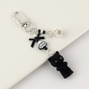 Cute Flocked Cat Keychain with Beaded Ribbon <b>Bow</b> for Women Aesthetic Kitten Bag Charm Accessory Small <b>Gift</b> Wholesale in Stock - Product Image 6
