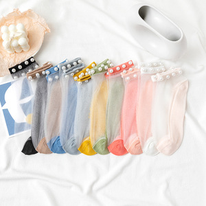 Calcetines tobilleros para mujer, transparentes, transparentes, transpirables, con hilo de tul y perlas, para verano - Product Image 1