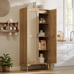 Modern Yüksek Masif Ahşap Yatak Odası Depolama Dolabı, MDF Kapılı ve Ayarlanabilir Raflı, 57 inç Derinlikte Oturma Odası İçin Yer Dolabı - Product Image 3