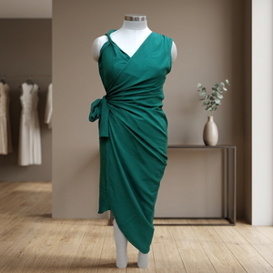 Nouvelle Robe Mini Asymétrique de Créateur en Coton Lavable et Respirant avec Liens à la Taille, Bretelles et Décoration Drapée à Motif Uni - Product Image 3