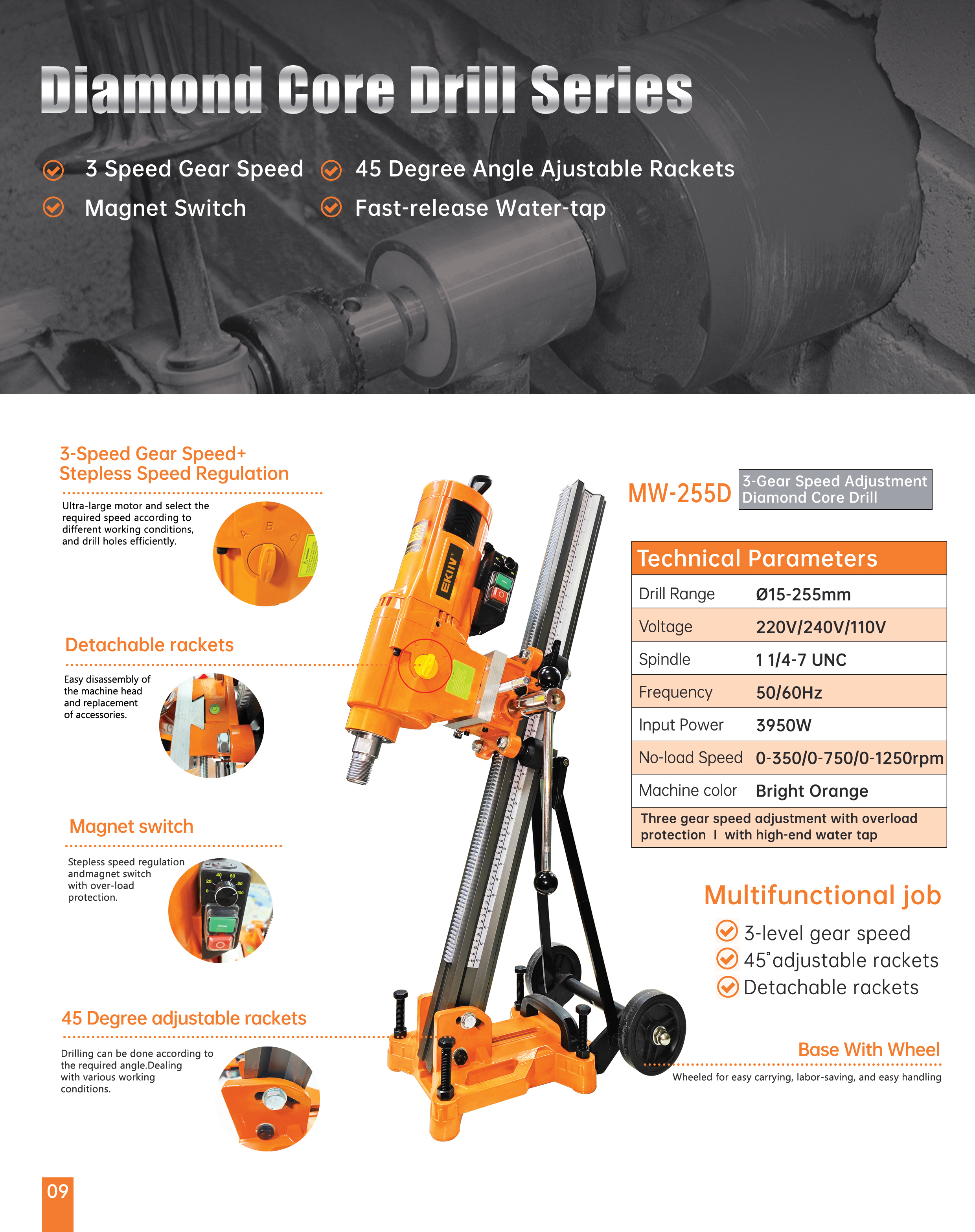 EKIIV MW-255 Diamond Core Drill - Efficient Concrete Drilling