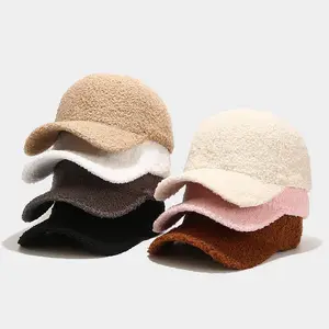Warm Winter Lamb Wool Outdoor Sport Hats Solid Color Plush Fleece Custom Embroidered Logo Baseball Cap