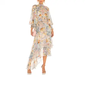 Meilleure vente Boutique Fashion Robe élégante à imprimé floral pour femmes Robes mi-longues à manches longues et bouffantes Robes de villégiature asymétriques à plusieurs niveaux