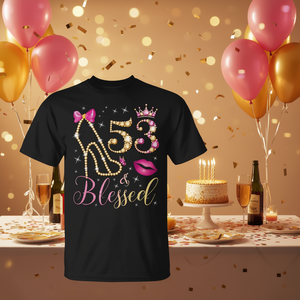 T-shirt pour femme, design Queen, pour fête du 53e anniversaire, 53 & Blessed - Product Image 3