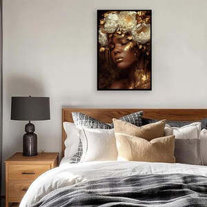 Peinture sur toile abstraite moderne de femme noire avec feuille d'or, art mural glamour de dame américaine pour la décoration du salon et de la chambre - Product Image 4