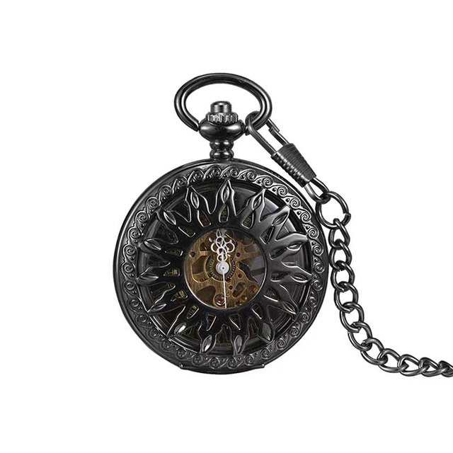 Black Skeleton Pocket Watch - Steampunk Half Hunter Case Mechanical Vintage Fob Watch with Chain for Men Gifts