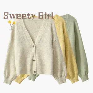 Sweet Girl Knitted Sweaters Lantern Long Sleeve Tight Cuff Regular Length Button Front Green Women Fall Cardigan