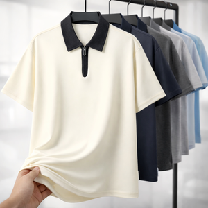 เสื้อโปโลซิปแบบกำหนดเองสำหรับผู้ชาย สีพื้น เนื้อผ้านุ่ม ระบายอากาศได้ดี เสื้อโปโลลำลองสำหรับธุรกิจ รับทำโลโก้ OEM - Product Image 2