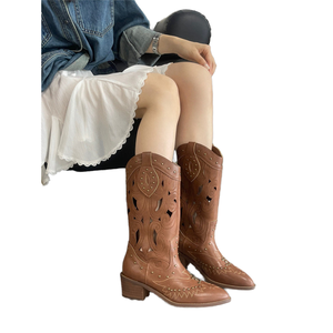 Novas Botas Retrô de Bico Fino Femininas com Recortes V-Cut na Panturrilha, Sola de Borracha, Cor Sólida, Estilo Slimming, Moda Primavera Verão Outono, Salto Alto Grosso - Product Image 1