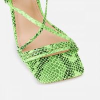 Sandales à lanières et lacets, bout carré, talon carré en PU, imprimées, en cuir pour femmes et jeunes femmes