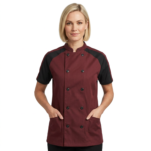 Veste de chef unisexe unique en toile de coton 100% marron, manches courtes, double boutonnage, panneau d'épaule noir, uniforme de cuisine de restaurant - Product Image 1