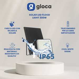 โกลก้า 300W ไฟสปอร์ตไลท์ LED พลังงานแสงอาทิตย์สำหรับภายนอกอาคาร พร้อมแผงควบคุมและรีโมทคอนโทรล 5000K ตัวเรือนอะลูมิเนียมติดตั้งบนพื้นผิว - Product Image 2