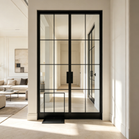 Porte française moderne en acier K-draw avec porte pour animaux intégrée, double porte en verre noir, OEM ODM