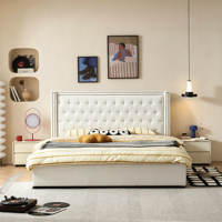Lit capitonné de luxe en tissu crème Rondure BF-1002, taille Queen, avec garniture en clous