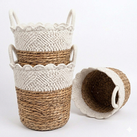 Panier de rangement rond scandinave en macramé bohème, tissé en jacinthe d'eau, écologique, avec poignées, pour la décoration de la chambre et de la maison