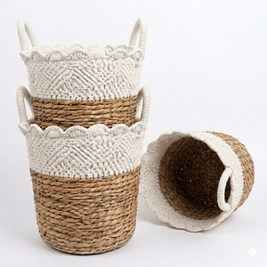 Boho Macrame Cotton Rope Storage Basket Natural Water Hyacinth Woven Laundry <b>Hamper</b> With Handles For Bedroom Home Decoration - Product Image 5