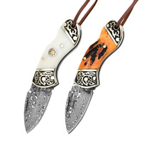 Couteau pliant en acier Damas avec manche en os de vache, portable, pour cuisine, extérieur, utilitaire, couteau de poche à fruits, en stock chez les fabricants
